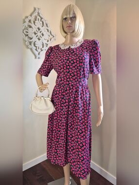 Vintage Peri Petites Dress Floral Lace Collar Shoulder Pads Secretary Office